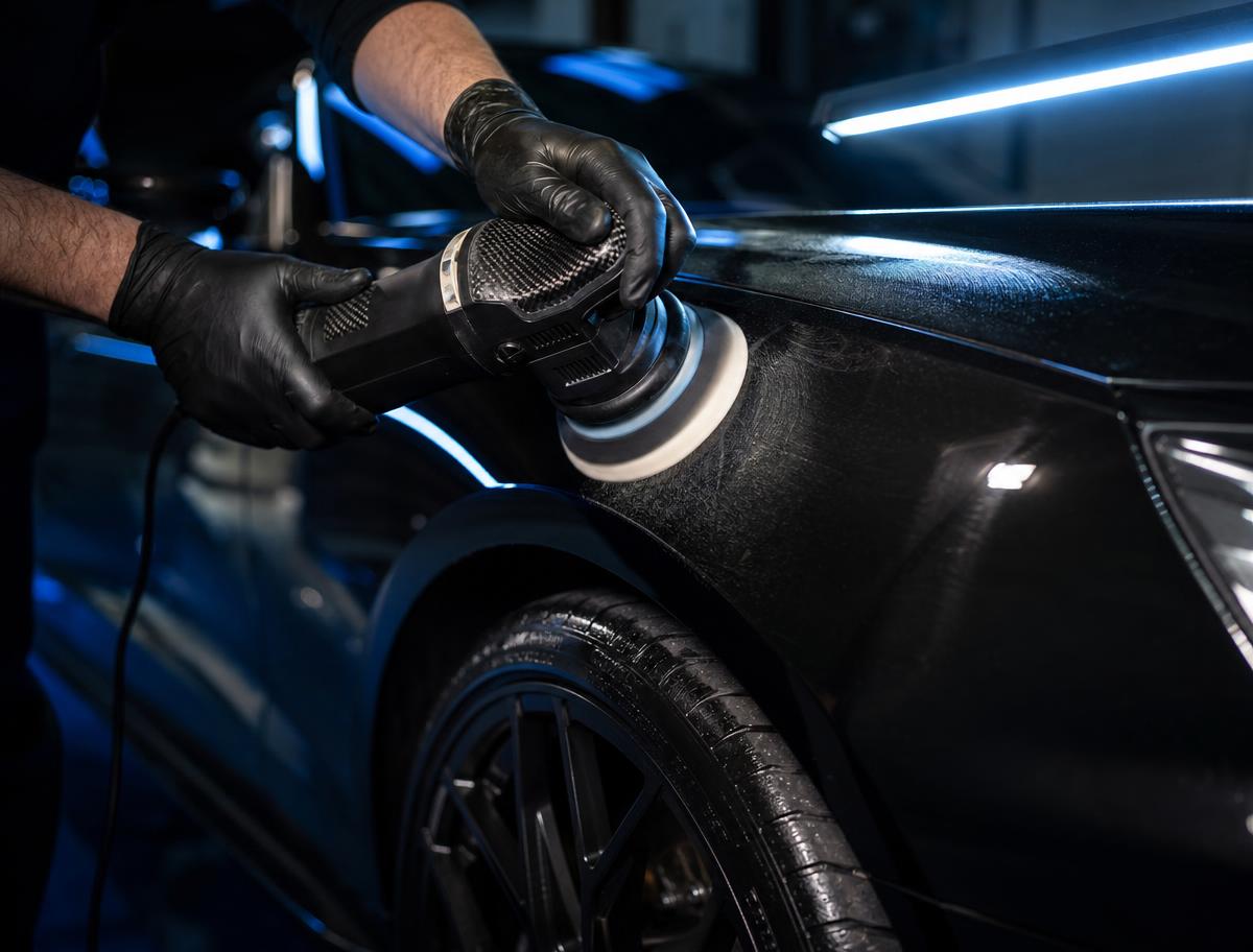 Gloved hand using a dual-action polisher on a mirror-finish black car fender for certified paint correction