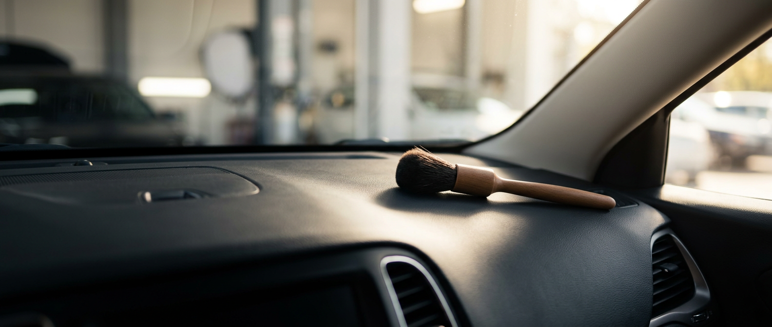 Soft detailing brush on a clean vehicle dashboard for mobile auto detailing questions and service guidance