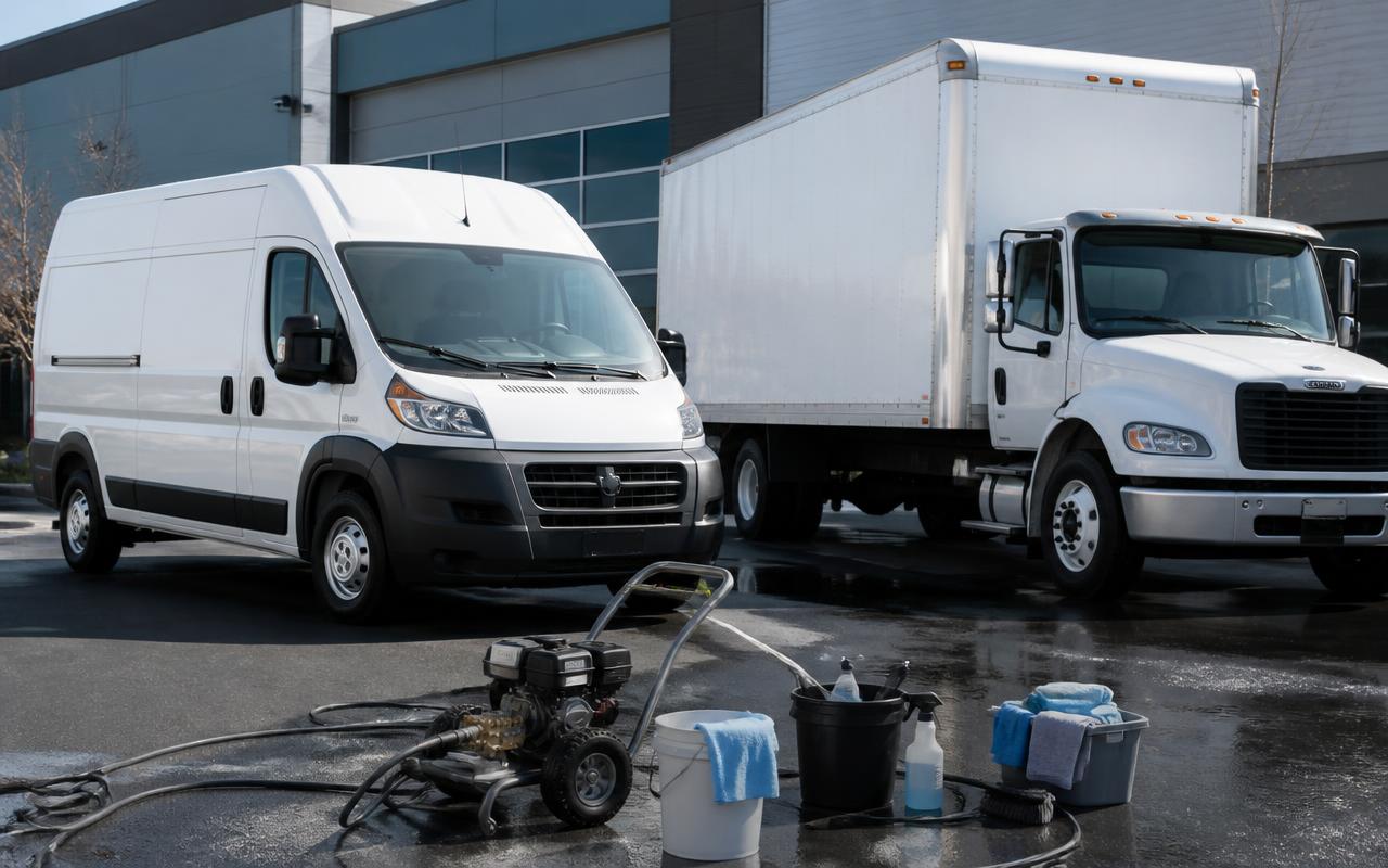 Long-handled wash brush cleaning a plain white commercial van during fleet detailing