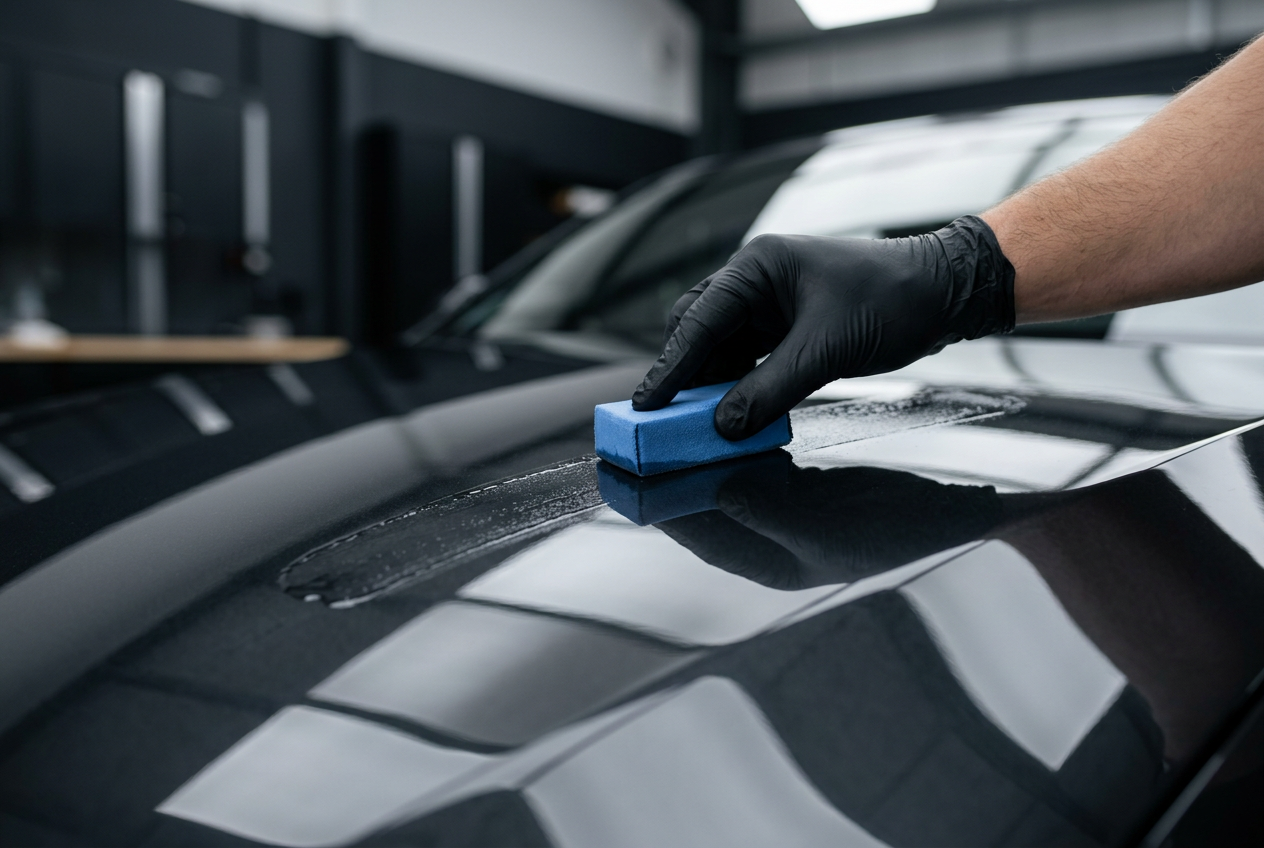Coating applicator applying graphene protection to a polished black vehicle panel