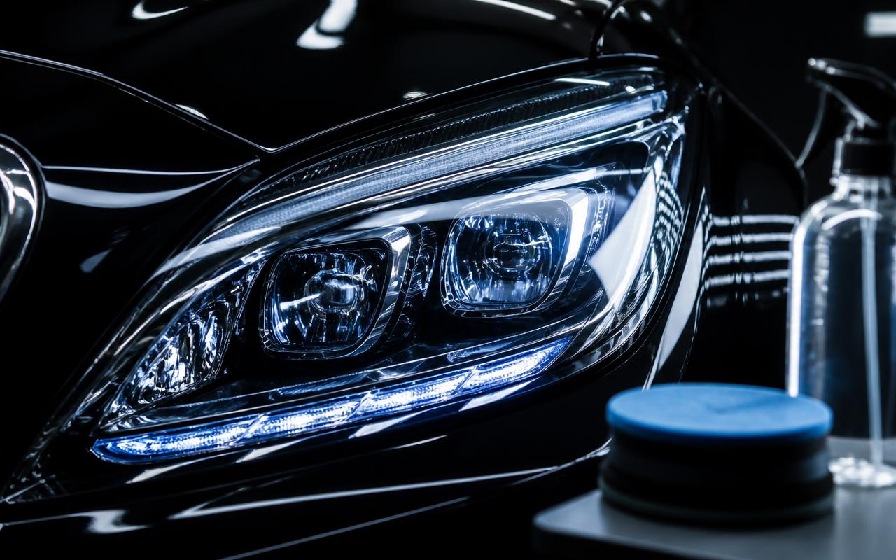 Crystal-clear restored LED headlight on a black luxury car with polishing pad nearby in Lewisville, NC