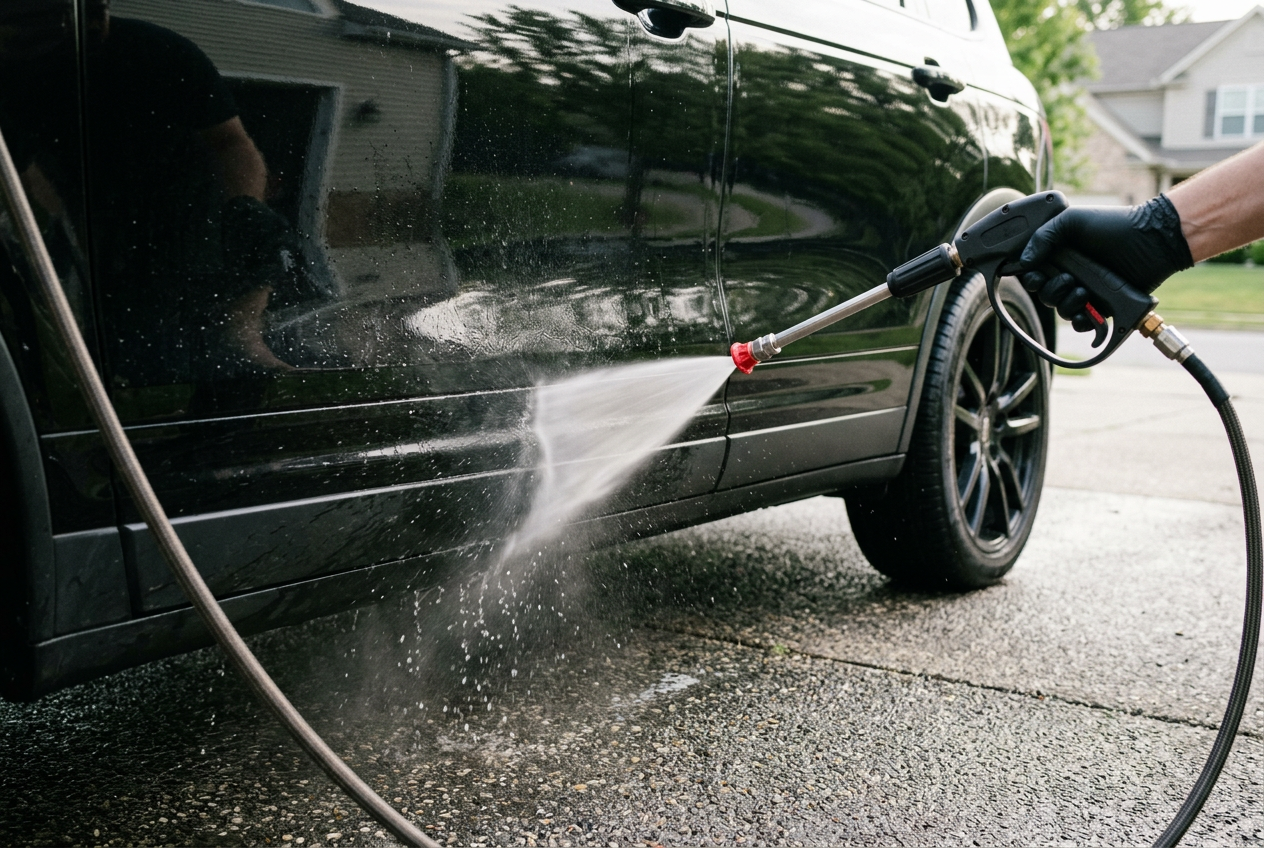 Pressure washer cleaning a black vehicle during mobile auto detailing