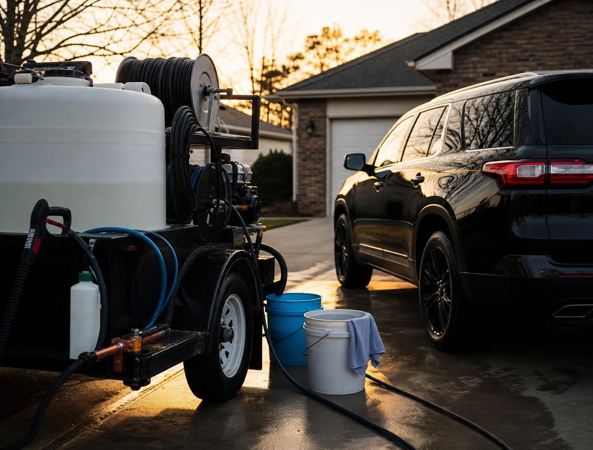 T&T Touch mobile detailing setup with pressure washer and equipment beside a black SUV in a Lewisville driveway at golden hour