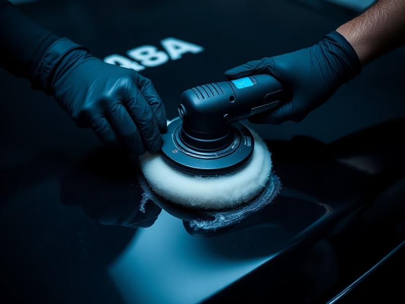 Gloved hands operating a dual-action polisher on a glossy black car hood