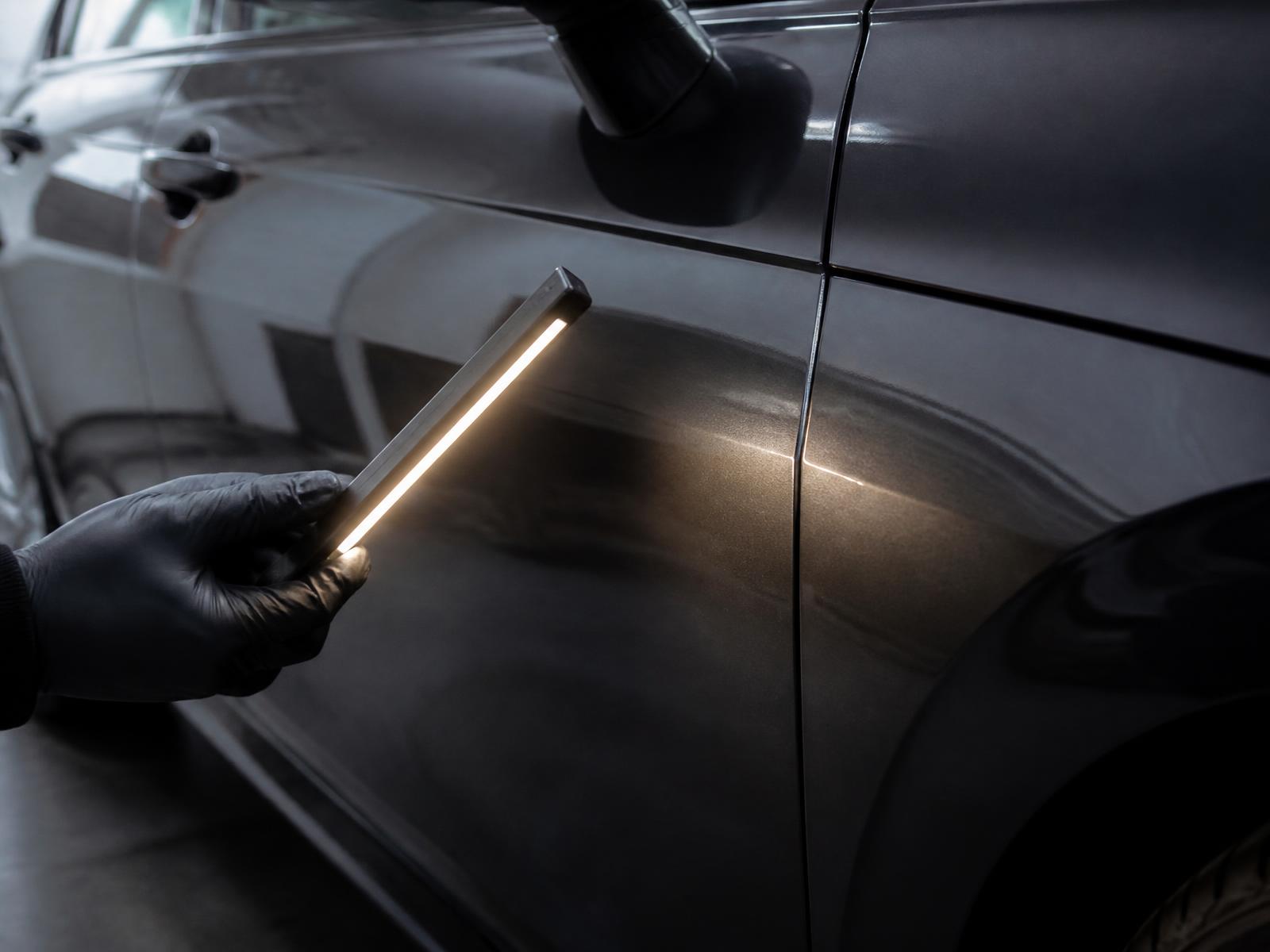 Final inspection of a polished black car panel using a bright inspection light