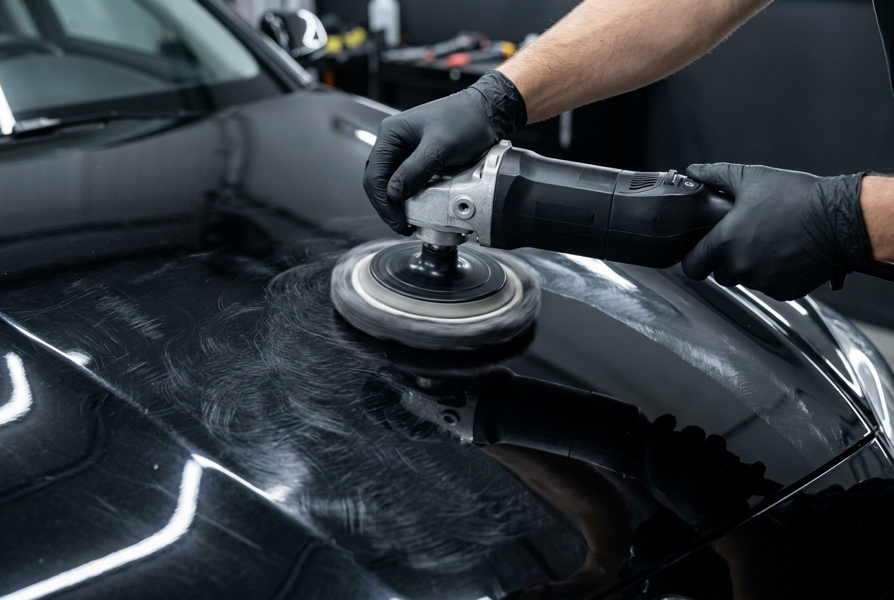 Rotary polisher correcting swirl marks during two-step paint correction